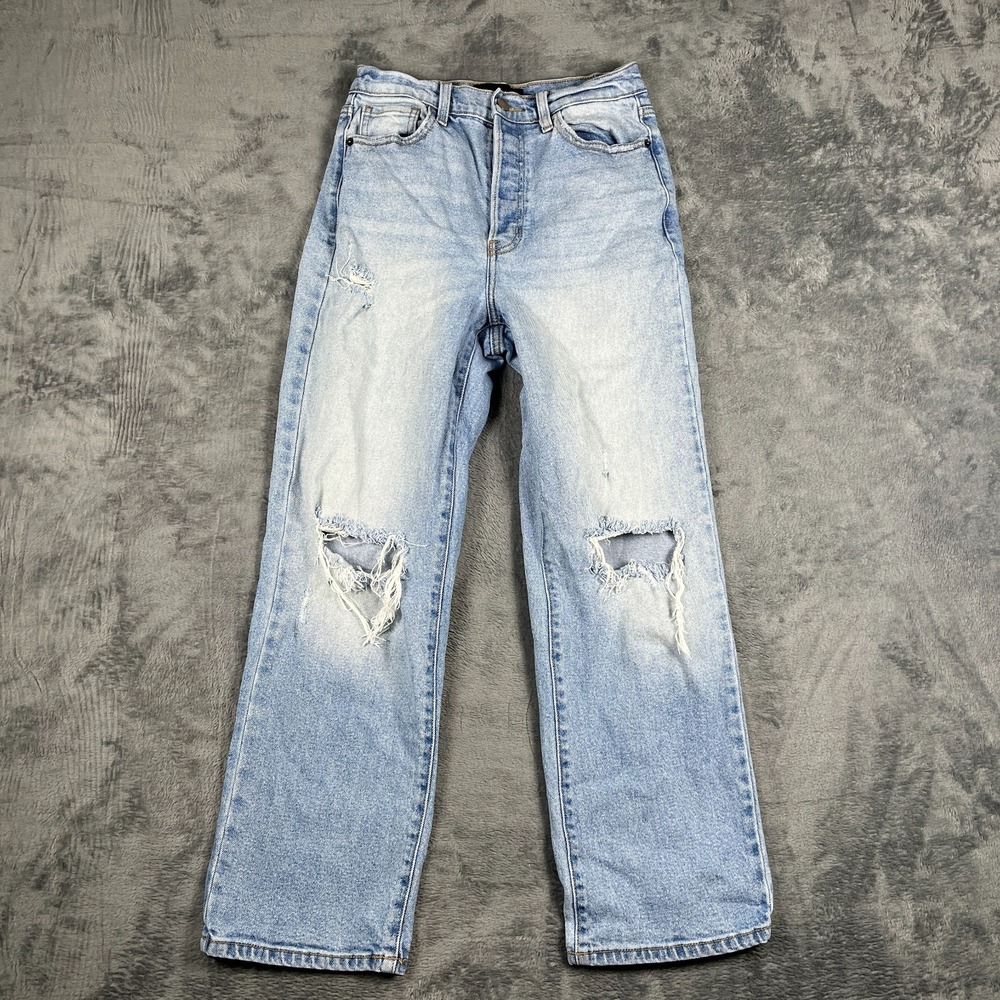 Fashion Nova Jeans Womens 3 Blue Whiskered Denim Logo Cotton Distressed Wide Leg